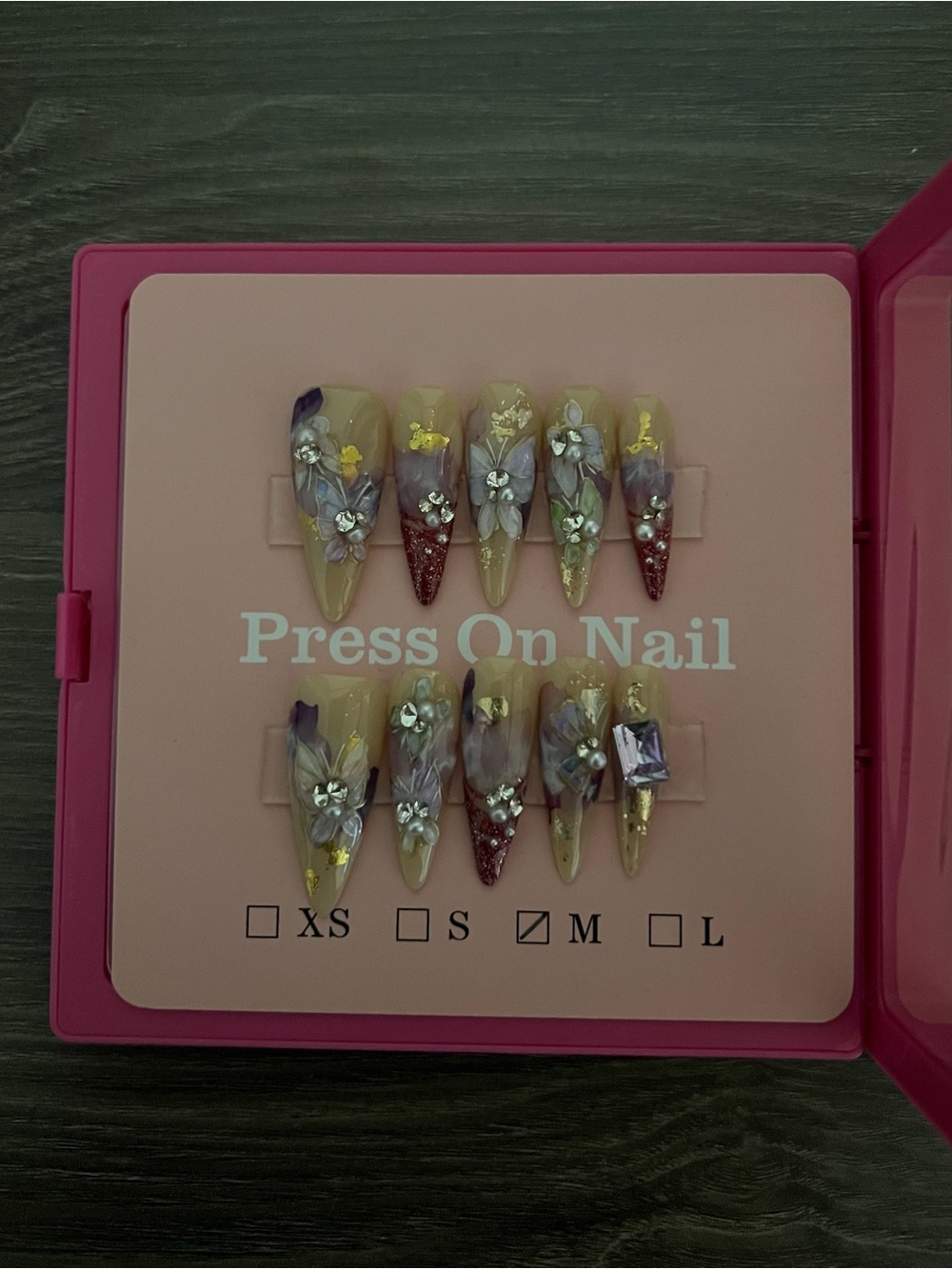Press On Nail Set - Floral Yellow & Purple/Pink Accent (Medium)